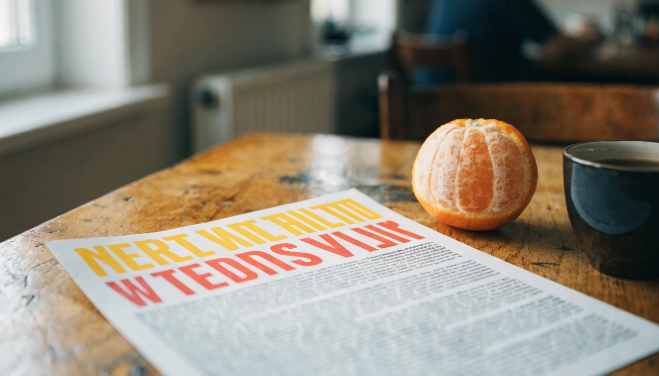 Werbeflyer mit großer Überschrift und winzigem Kleingedrucktem
